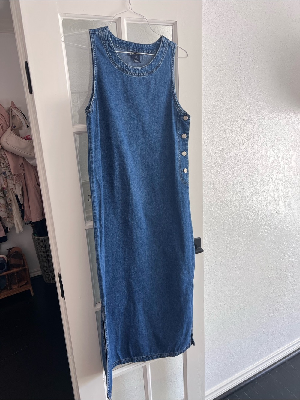 Baccini Sleeveless Denim Midi Dress in Blue with Side Buttons